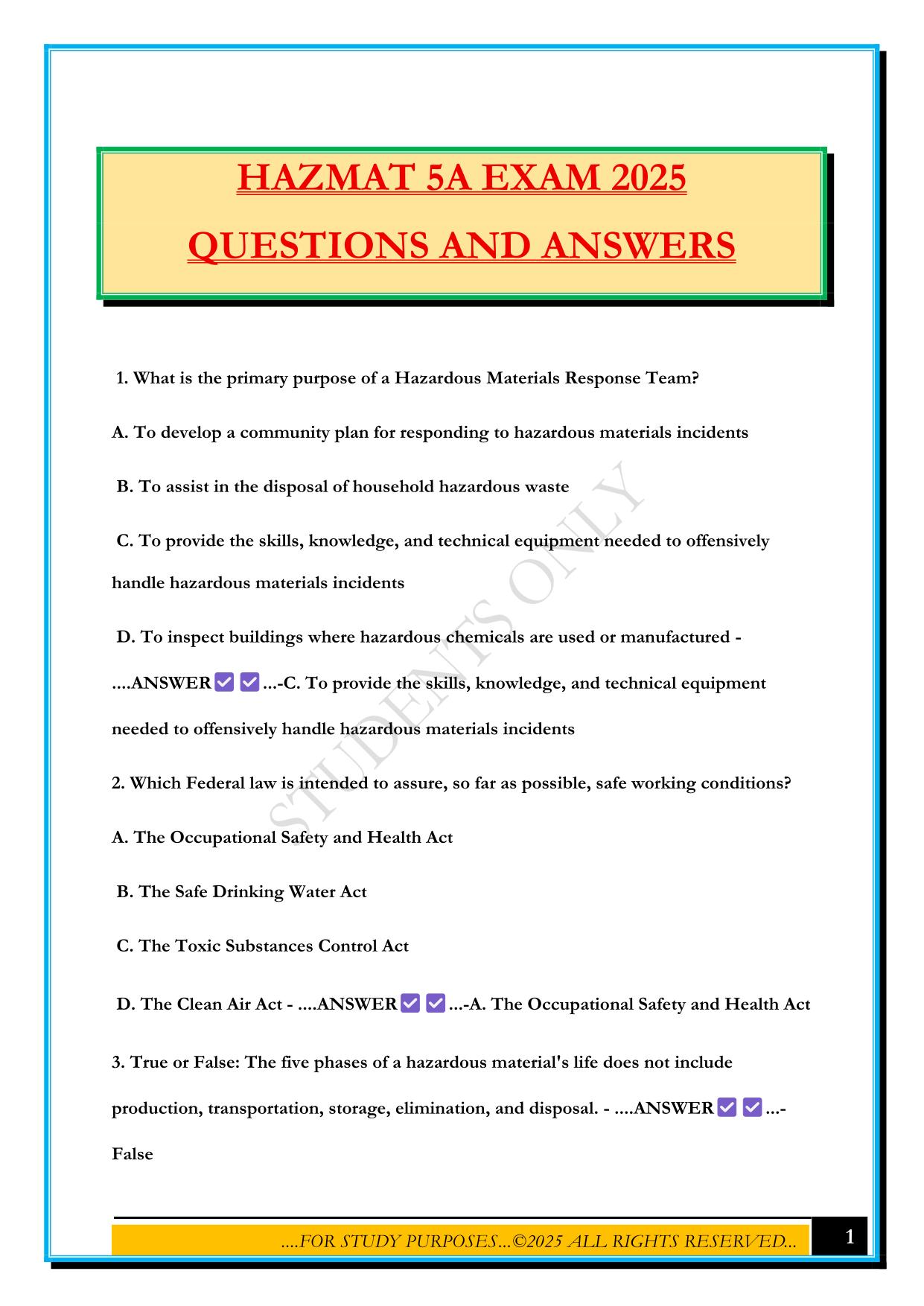 HAZMAT 5A EXAM 2025 QUESTIONS AND ANSWERS