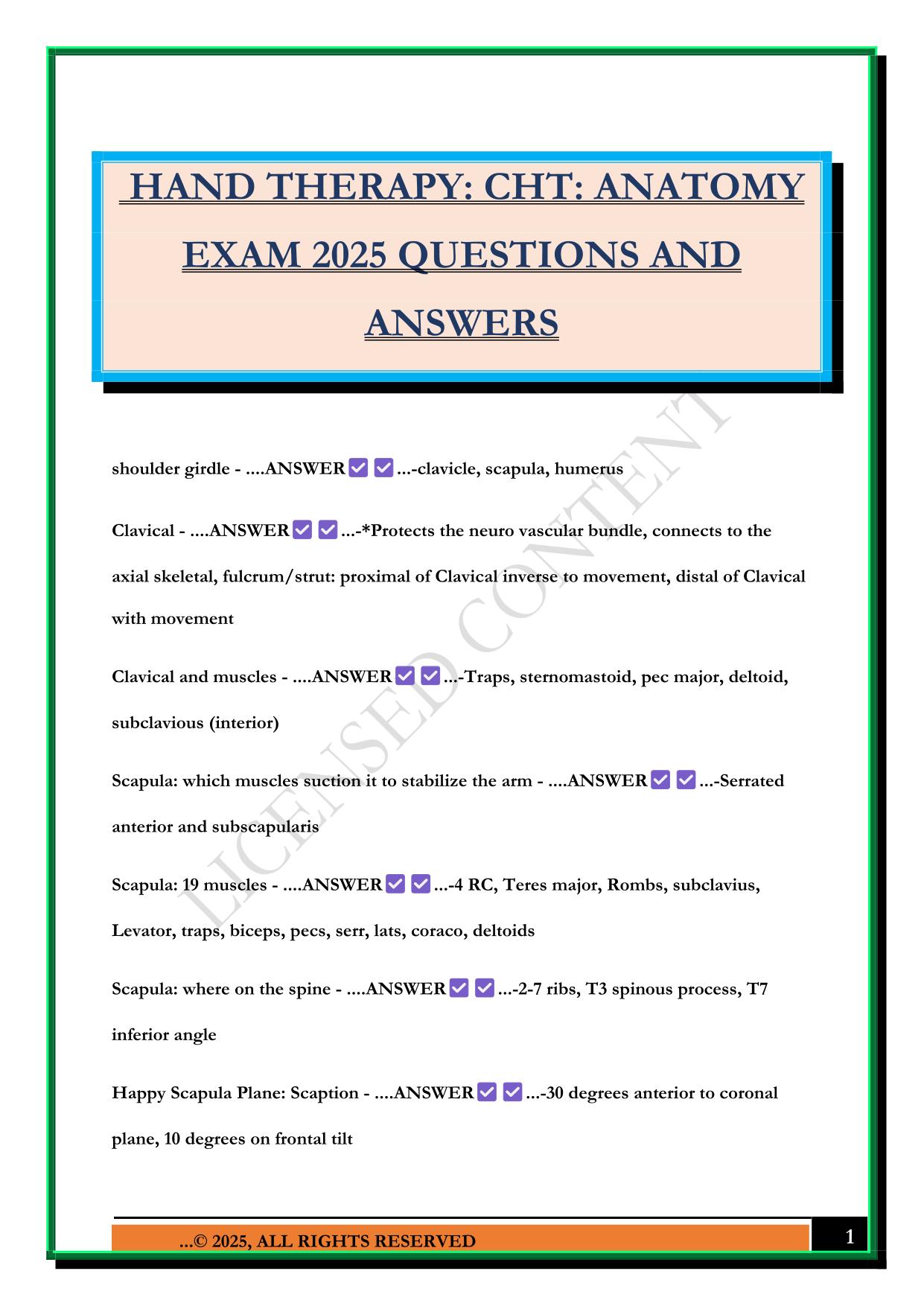 HAND THERAPY: CHT: ANATOMY EXAM 2025 QUESTIONS AND ANSWERS