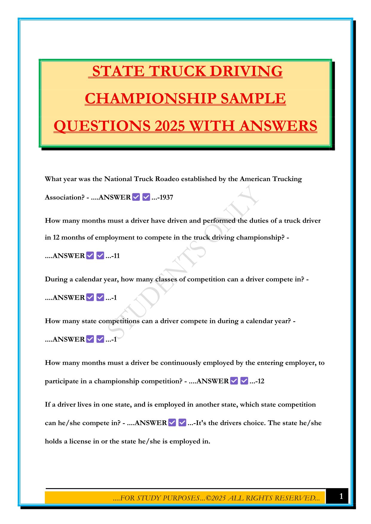 STATE TRUCK DRIVING CHAMPIONSHIP SAMPLE QUESTIONS 2025 WITH ANSWERS