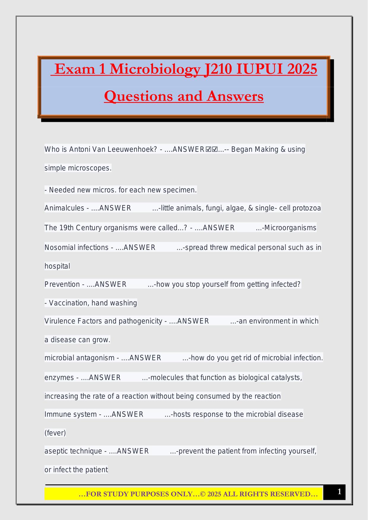 Exam 1 Microbiology J210 IUPUI 2025 Questions and Answers