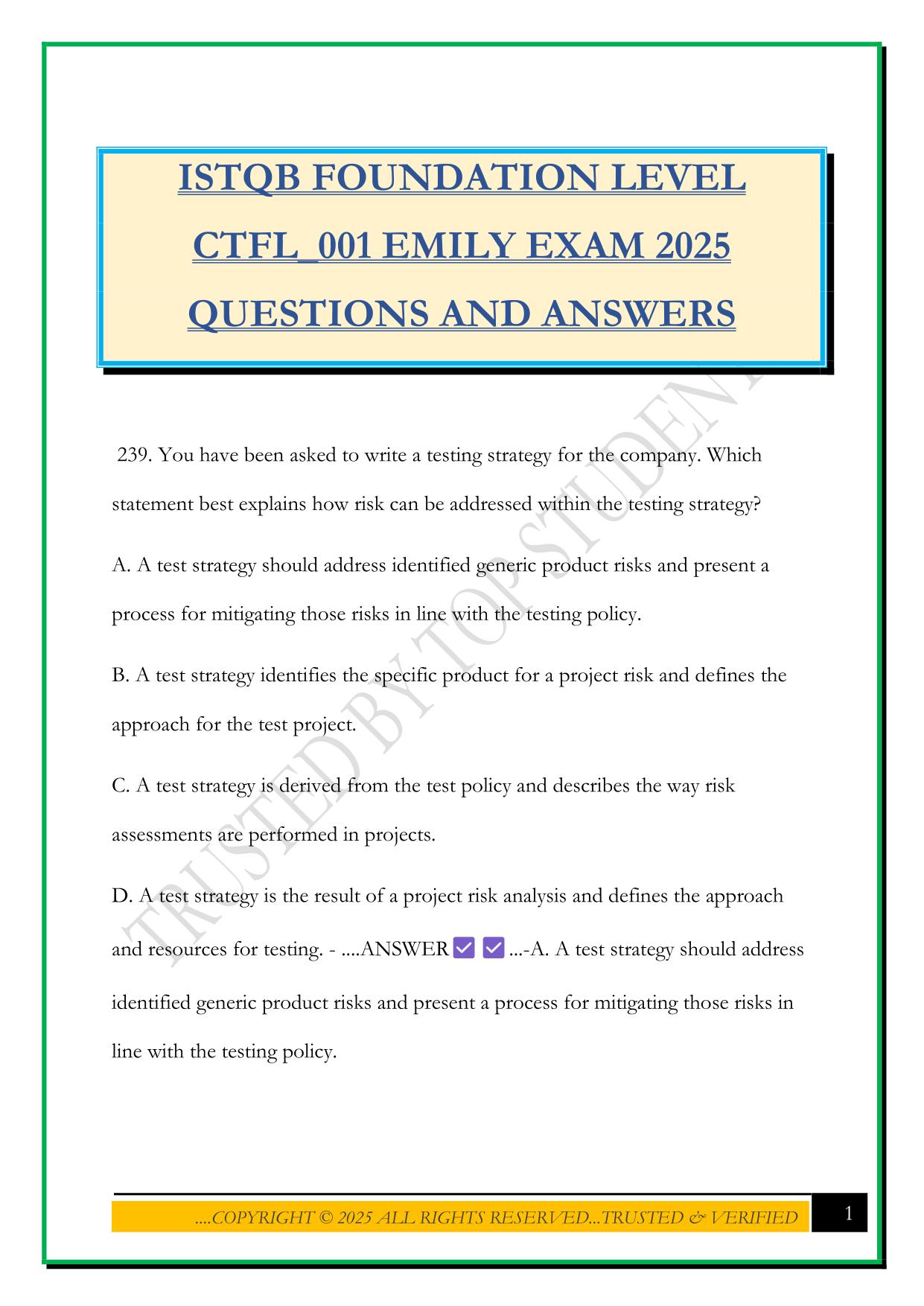 ISTQB FOUNDATION LEVEL CTFL_001 EMILY EXAM 2025 QUESTIONS AND ANSWERS