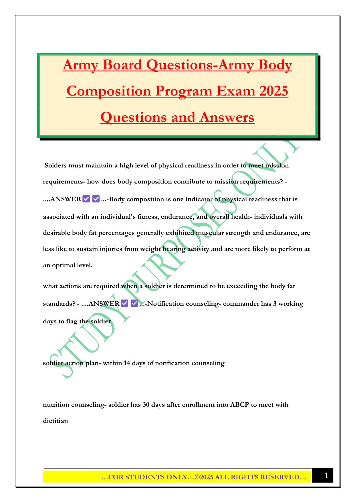 Army Board Questions-Army Body Composition Program Exam 2025 Questions and Answers