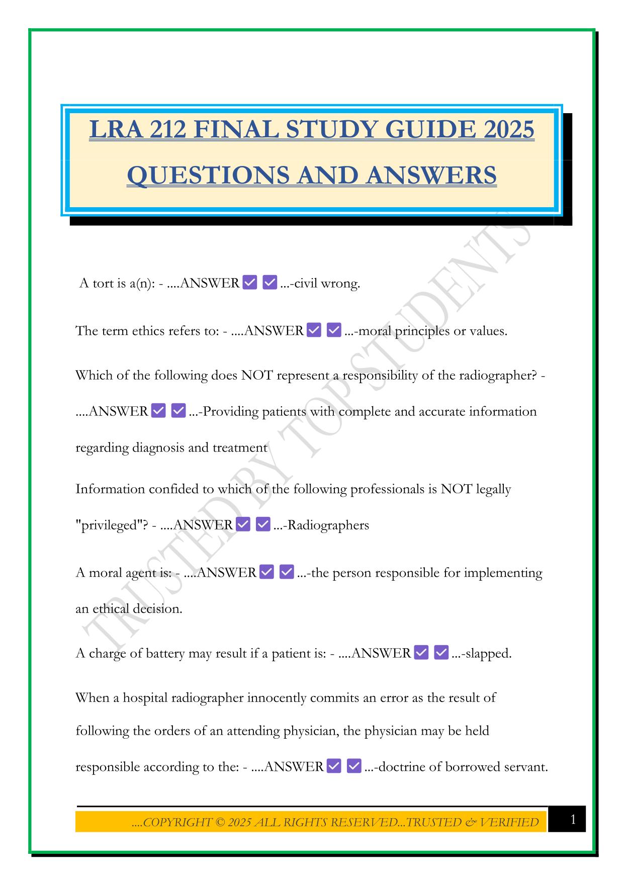 LRA 212 FINAL STUDY GUIDE 2025 QUESTIONS AND ANSWERS