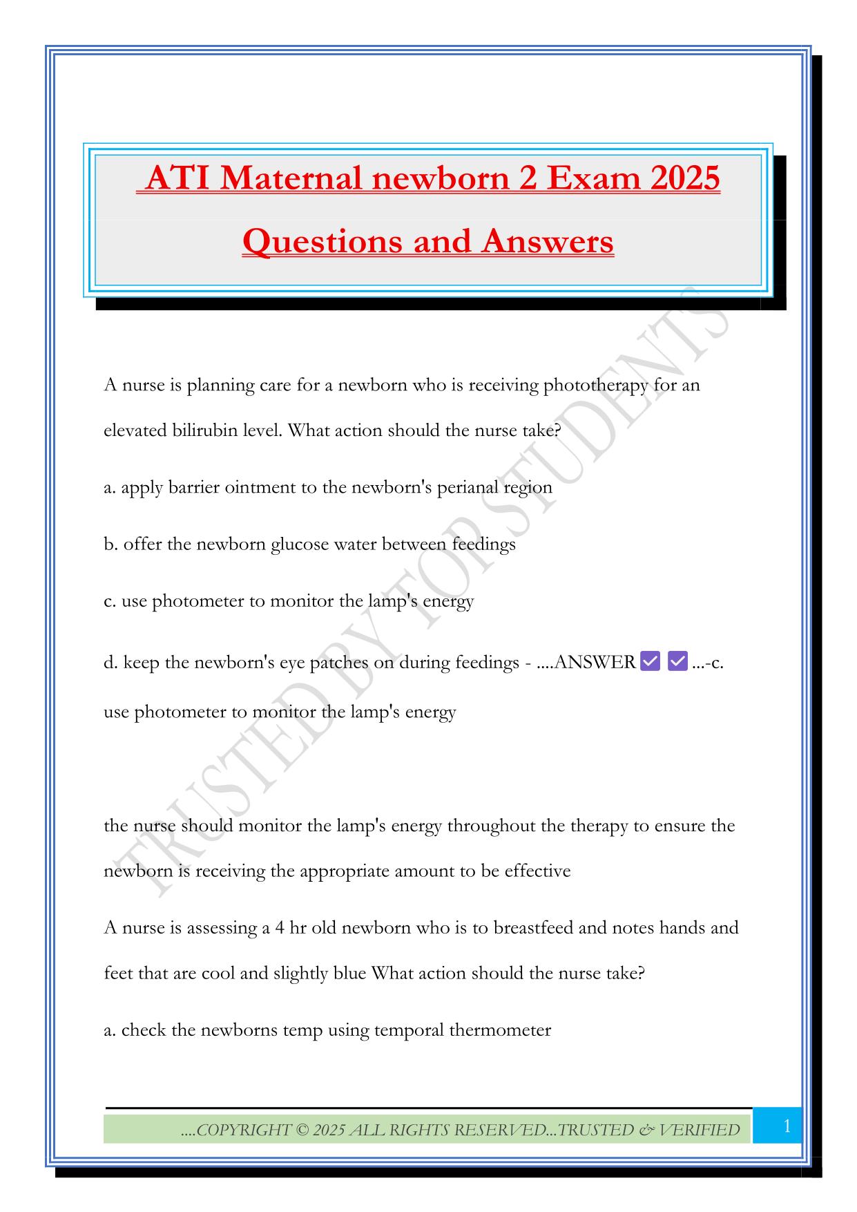 ATI Maternal newborn 2 Exam 2025 Questions and Answers