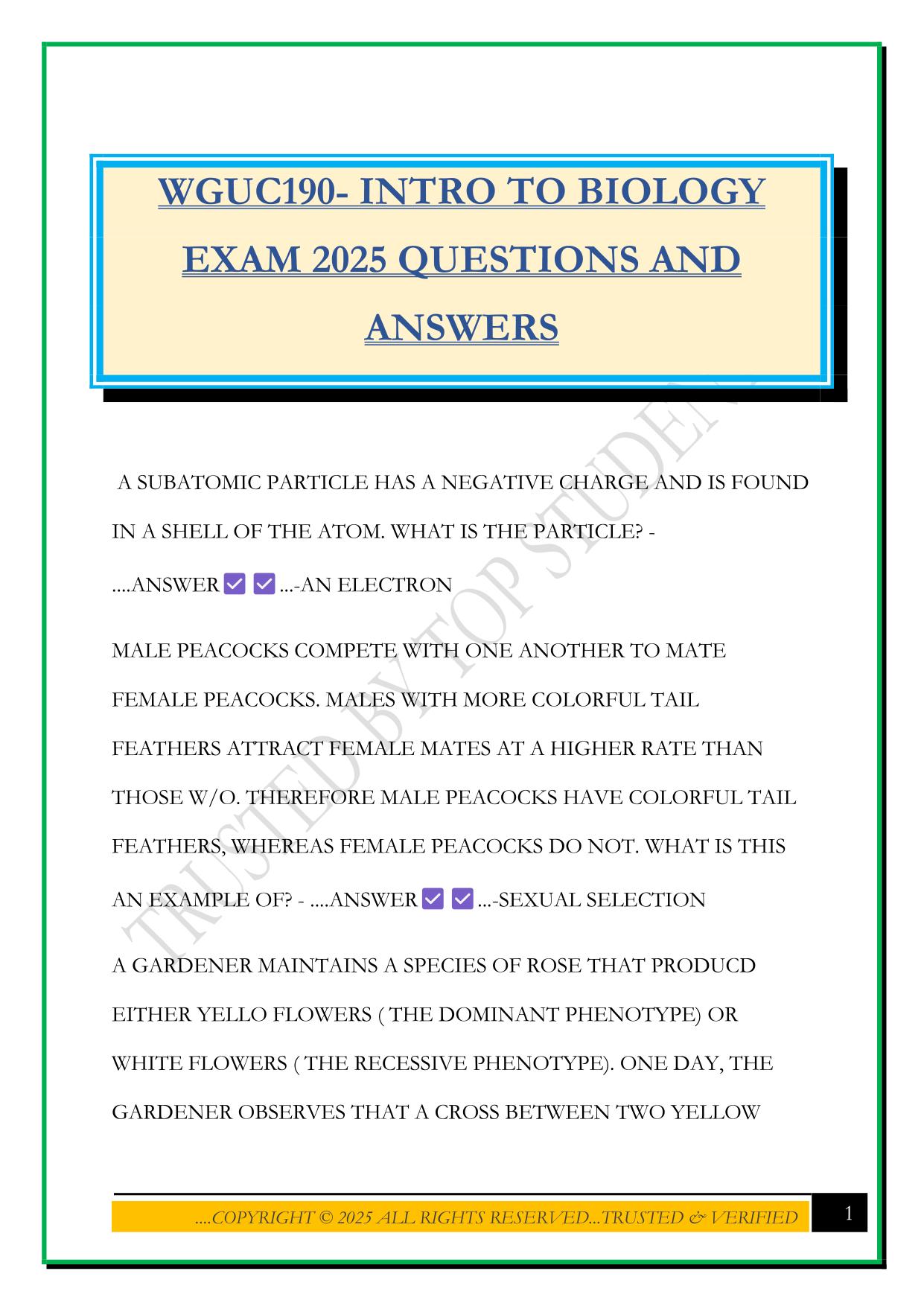 WGUC190- INTRO TO BIOLOGY EXAM 2025 QUESTIONS AND ANSWERS