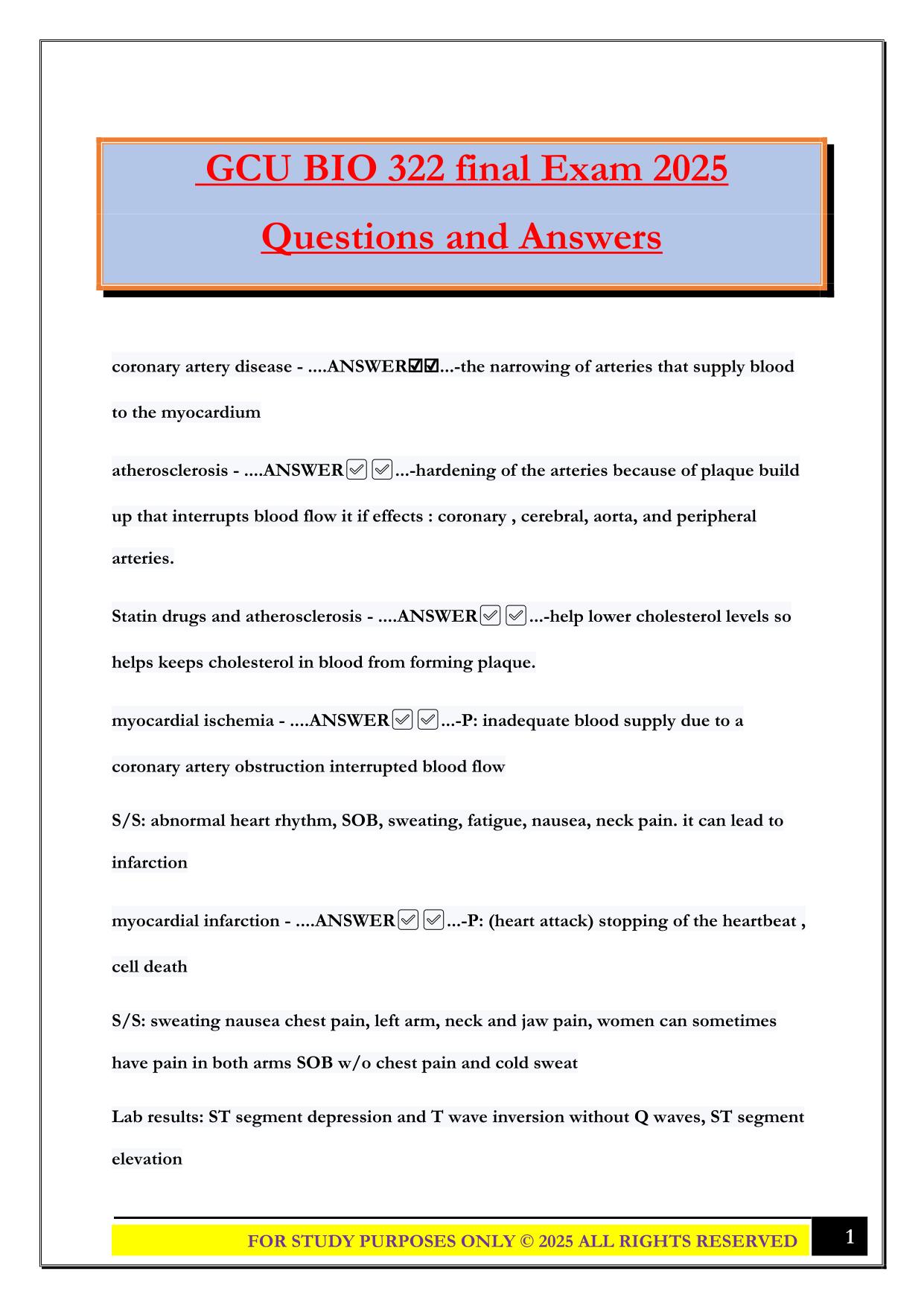 GCU BIO 322 final Exam 2025 Questions and Answers