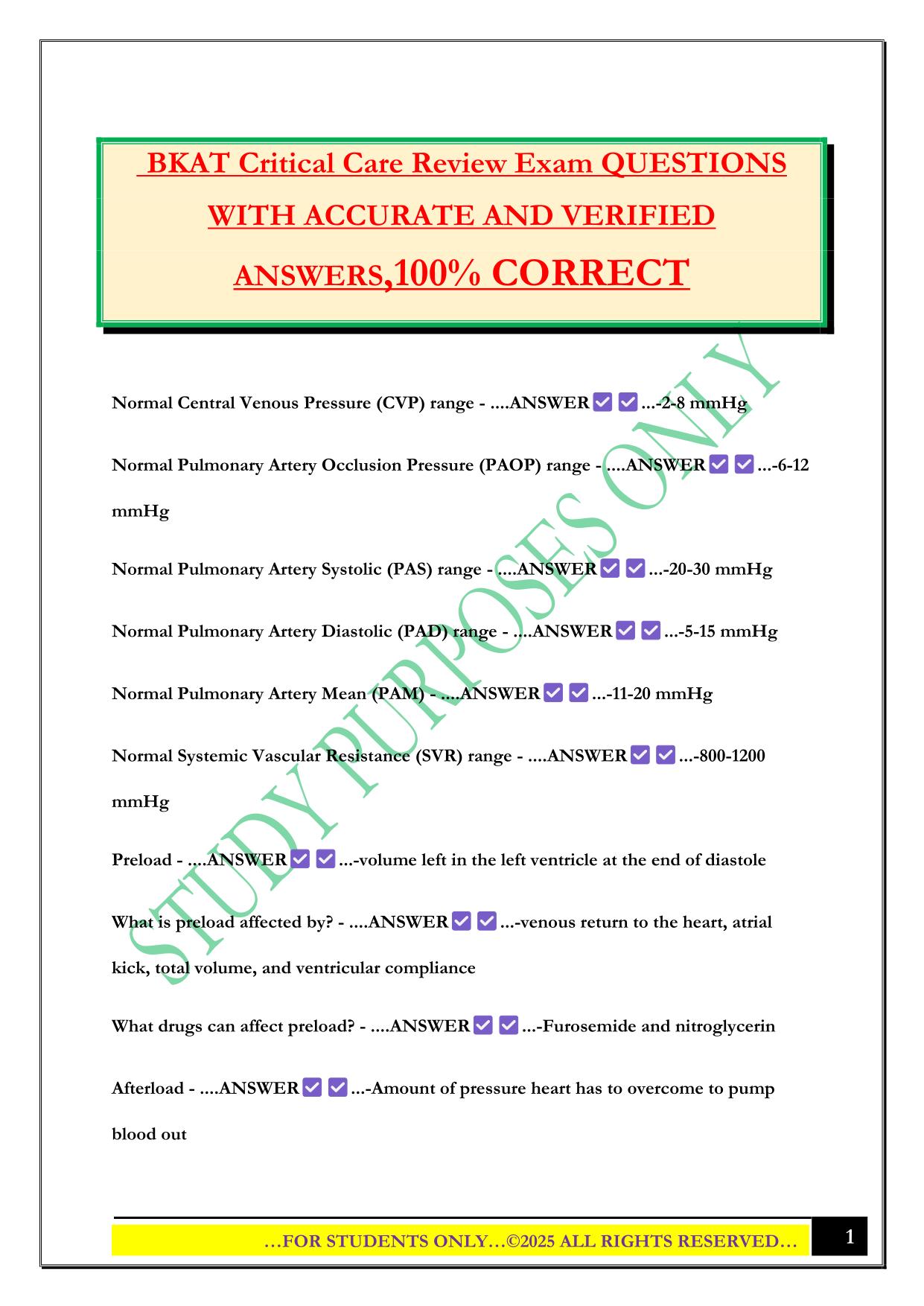BKAT Critical Care Review Exam QUESTIONS WITH ACCURATE AND VERIFIED ANSWERS,100% CORRECT
