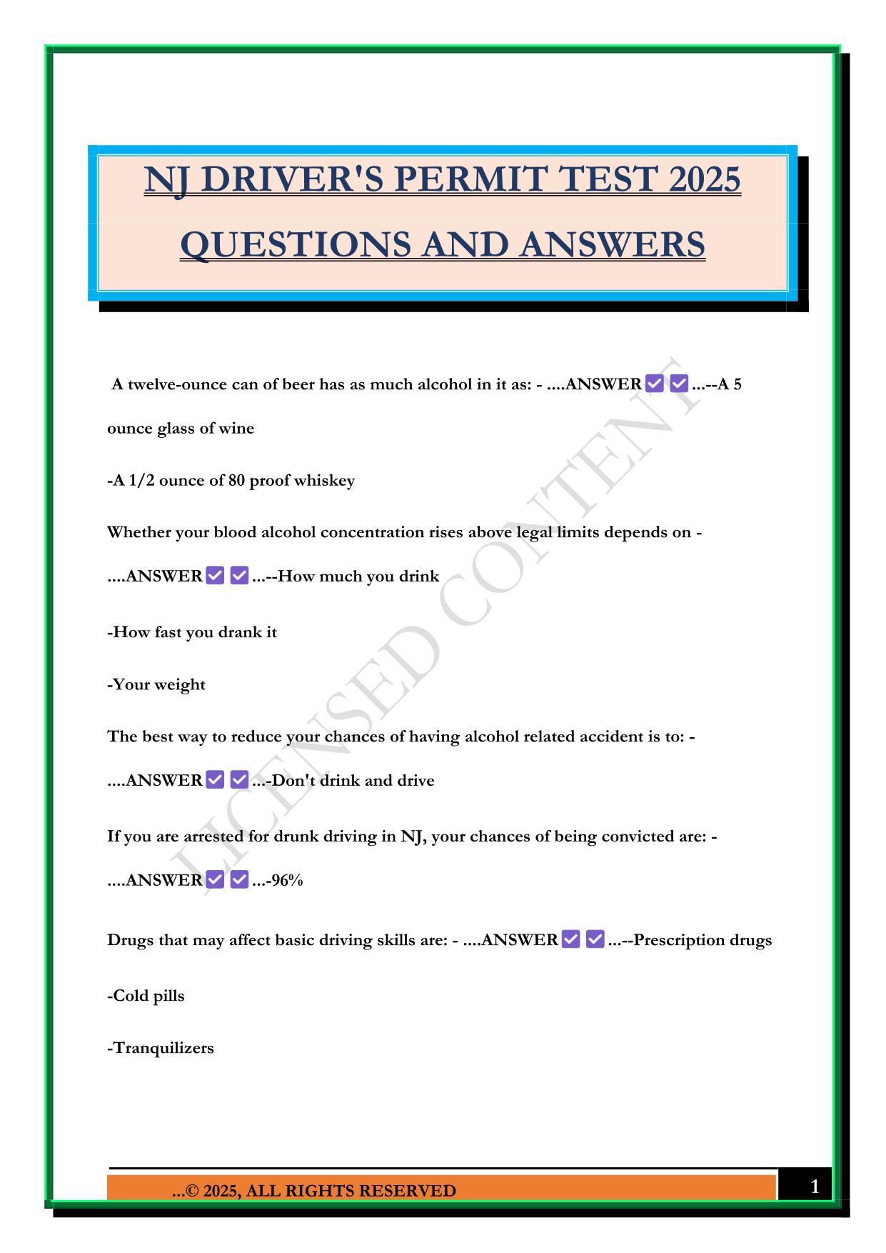 NJ DRIVER'S PERMIT TEST 2025 QUESTIONS AND ANSWERS