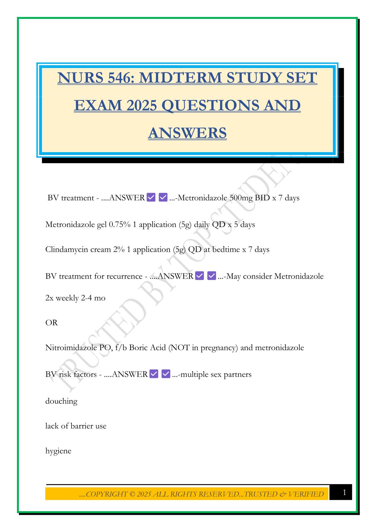 NURS 546: MIDTERM STUDY SET EXAM 2025 QUESTIONS AND ANSWERS