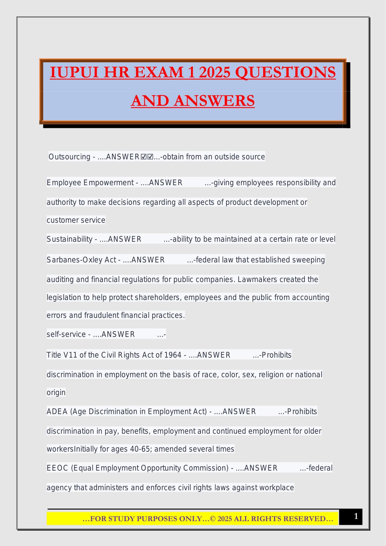 IUPUI HR EXAM 1 2025 QUESTIONS AND ANSWERS