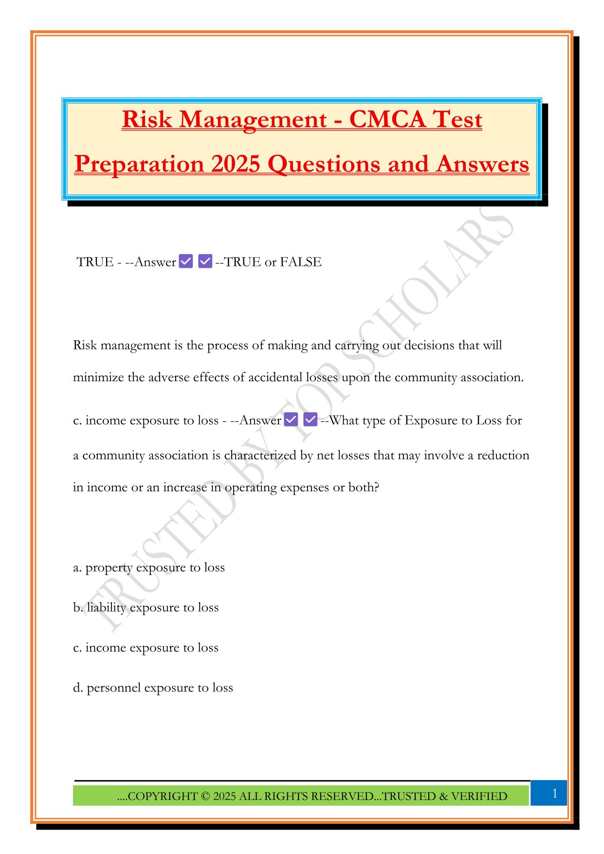 Risk Management - CMCA Test Preparation 2025 Questions and Answers