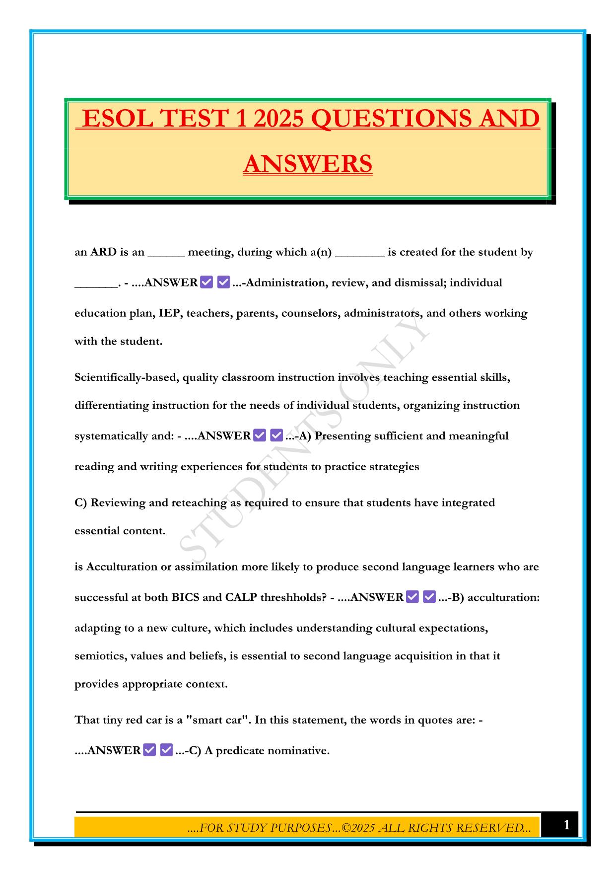 ESOL TEST 1 2025 QUESTIONS AND ANSWERS