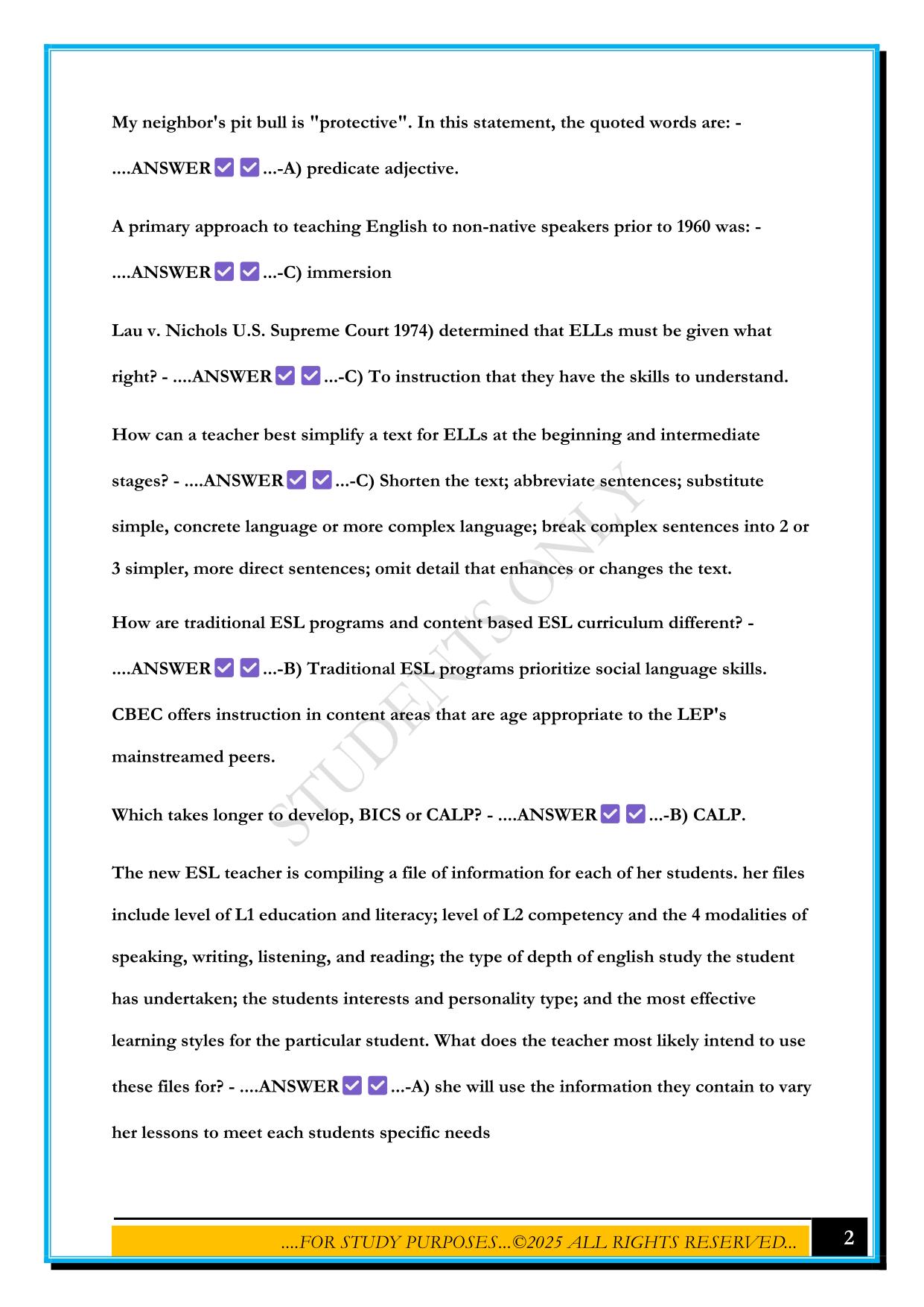 ESOL TEST 1 2025 QUESTIONS AND ANSWERS