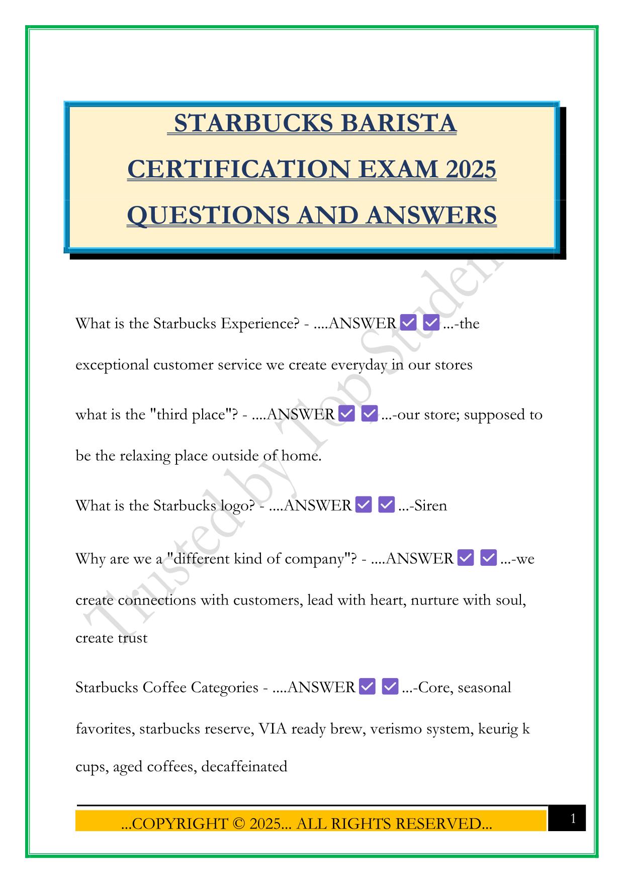 STARBUCKS BARISTA CERTIFICATION EXAM 2025 QUESTIONS AND ANSWERS
