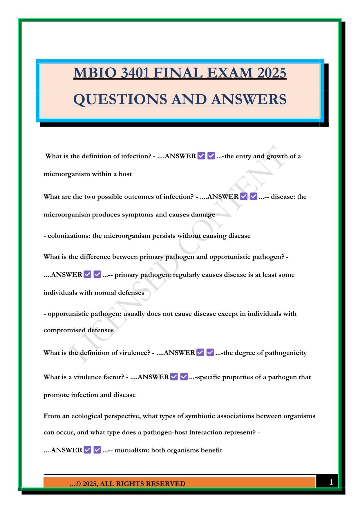 MBIO 3401 FINAL EXAM 2025 QUESTIONS AND ANSWERS
