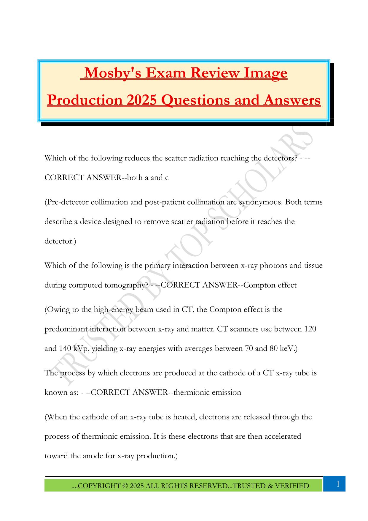 Mosby's Exam Review Image Production 2025 Questions and Answers