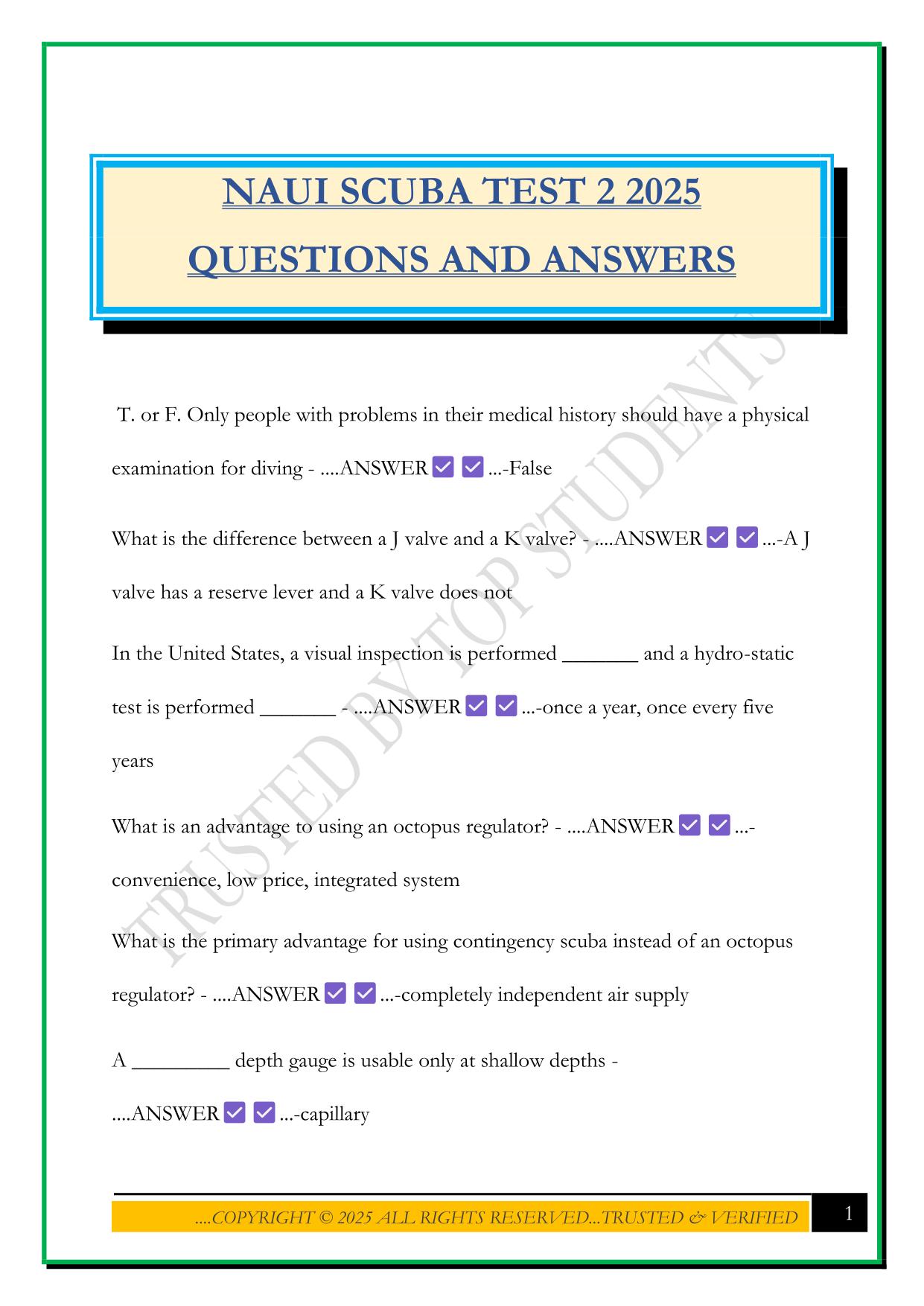 NAUI SCUBA TEST 2 2025 QUESTIONS AND ANSWERS
