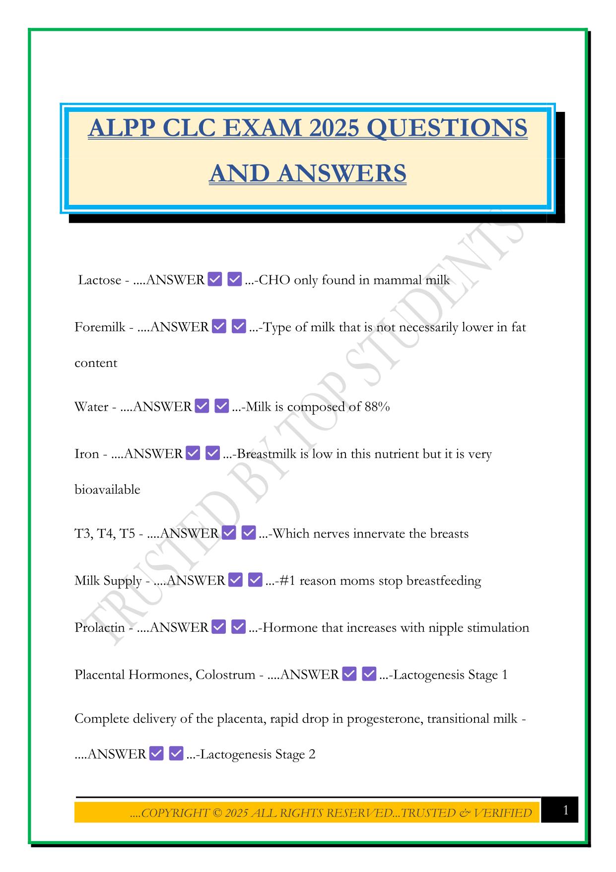 ALPP CLC EXAM 2025 QUESTIONS AND ANSWERS