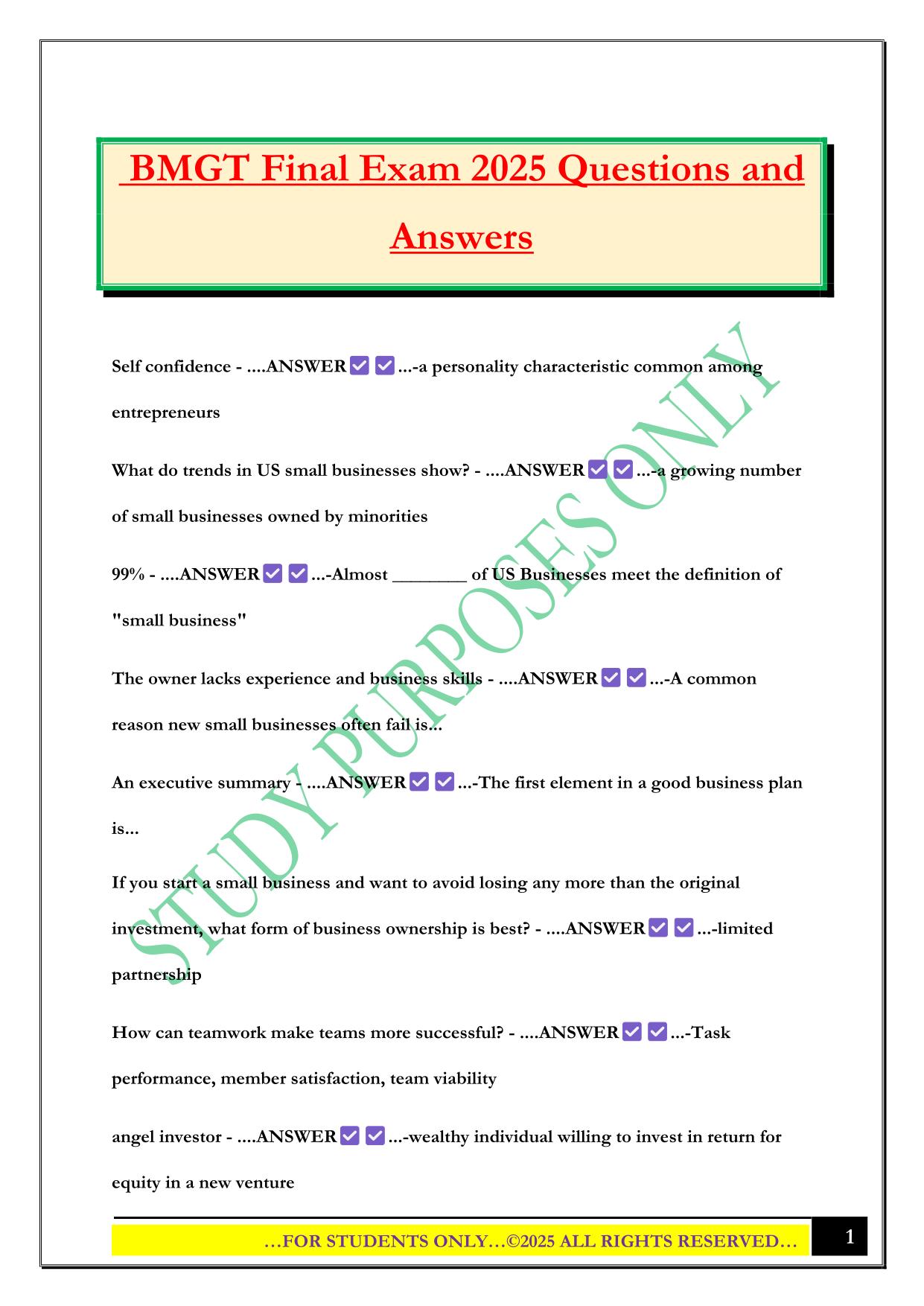 BMGT Final Exam 2025 Questions and Answers