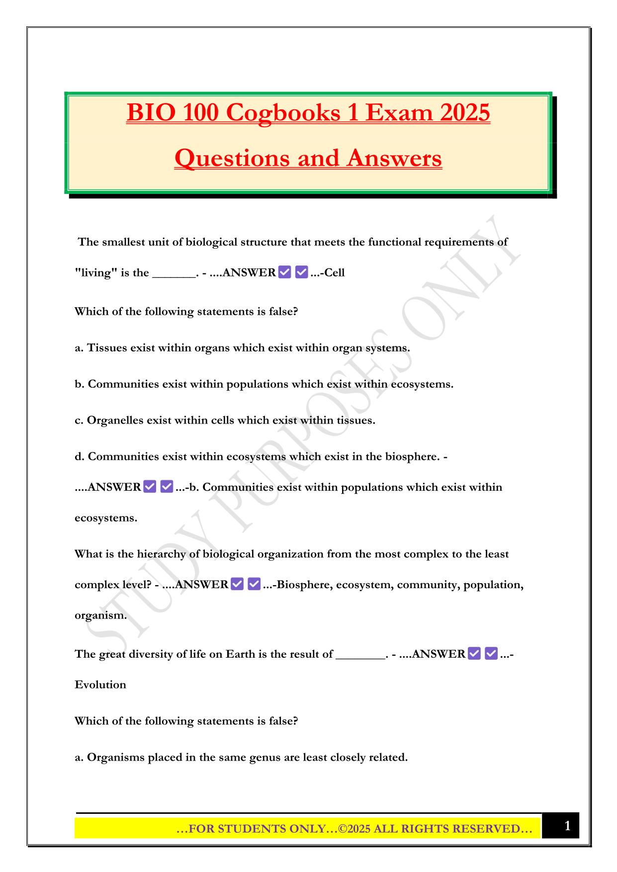 BIO 100 Bundled Exams 2025/2026 |Questions and Answers |100% Pass