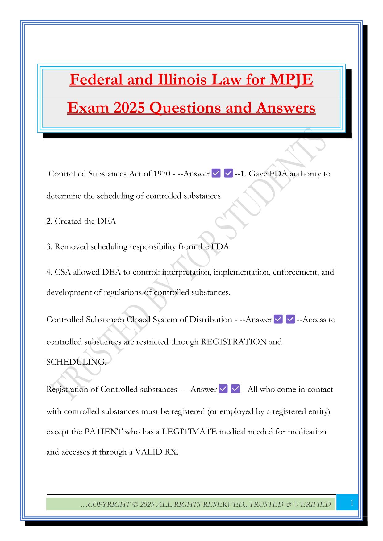 Federal and Illinois Law for MPJE Exam 2025 Questions and Answers