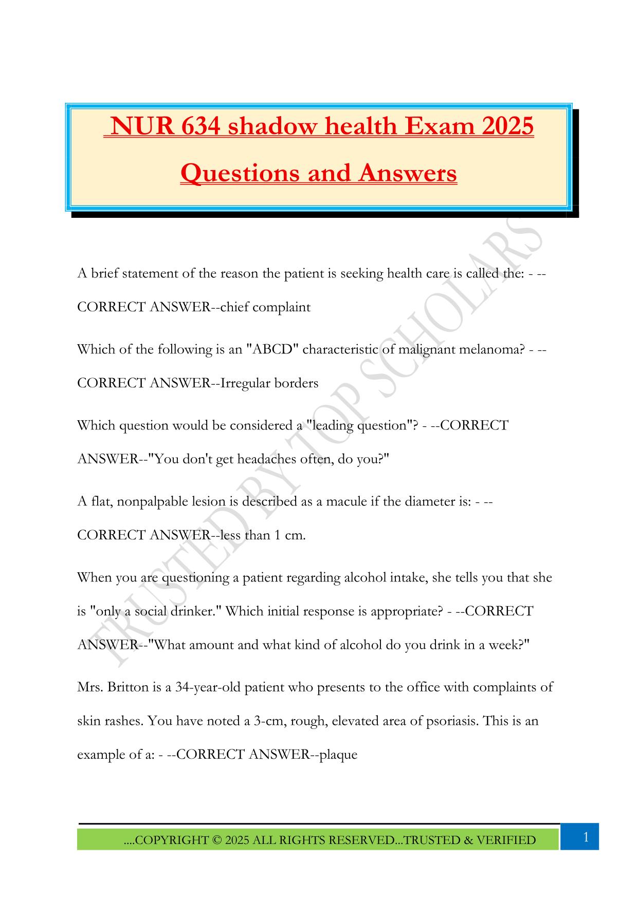 NUR 634 shadow health Exam 2025 Questions and Answers