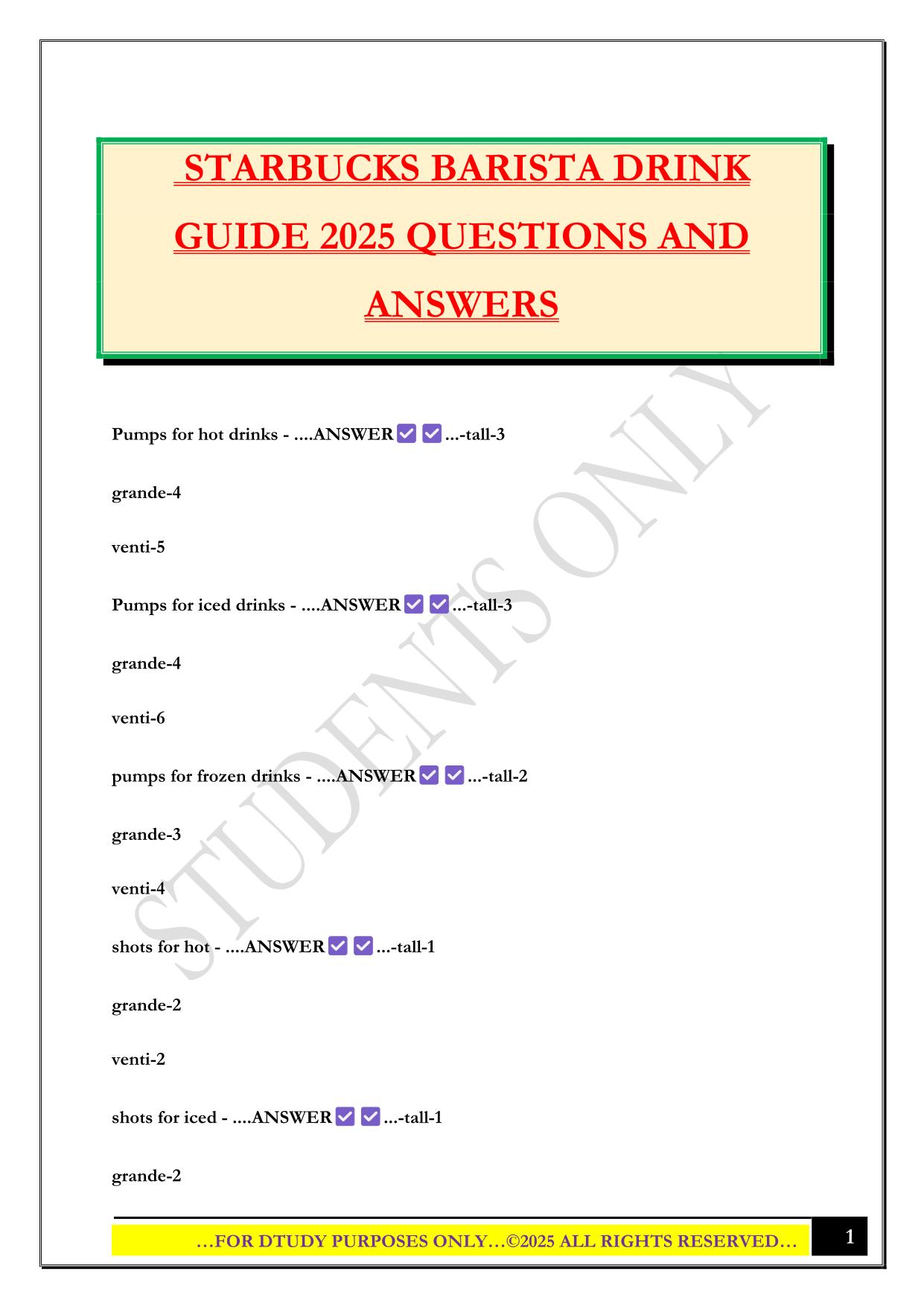 STARBUCKS BARISTA DRINK GUIDE 2025 QUESTIONS AND ANSWERS