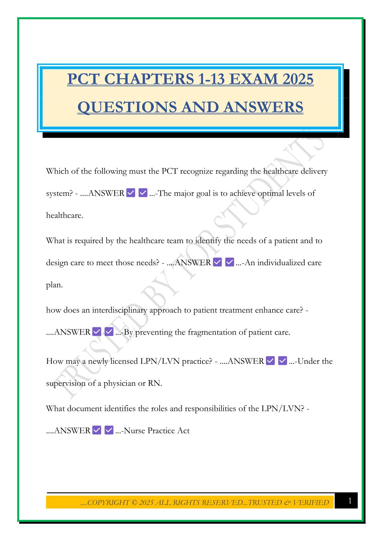 PCT CHAPTERS 1-13 EXAM 2025 QUESTIONS AND ANSWERS