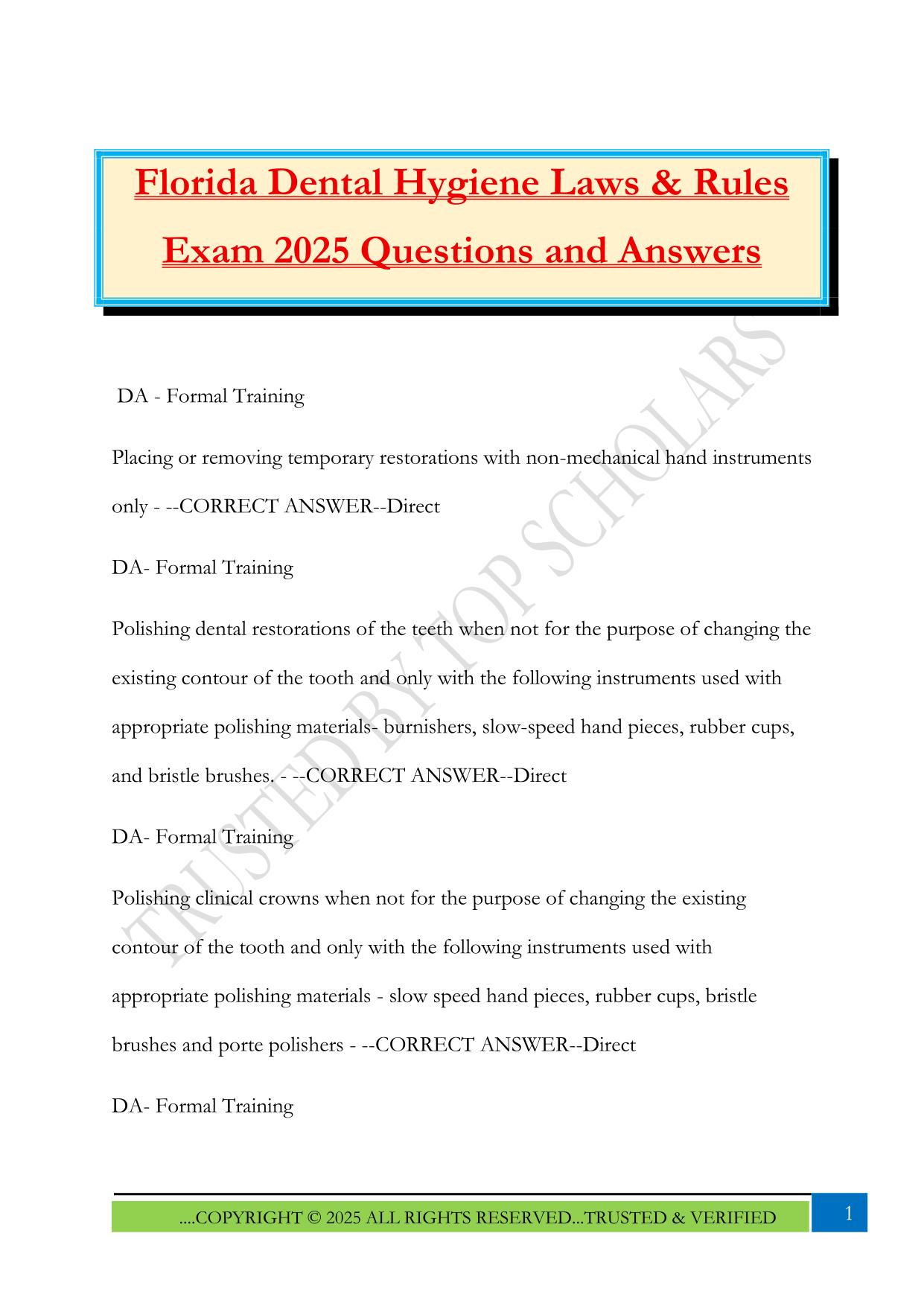 Florida Dental Hygiene Laws & Rules Exam 2025 Questions and Answers