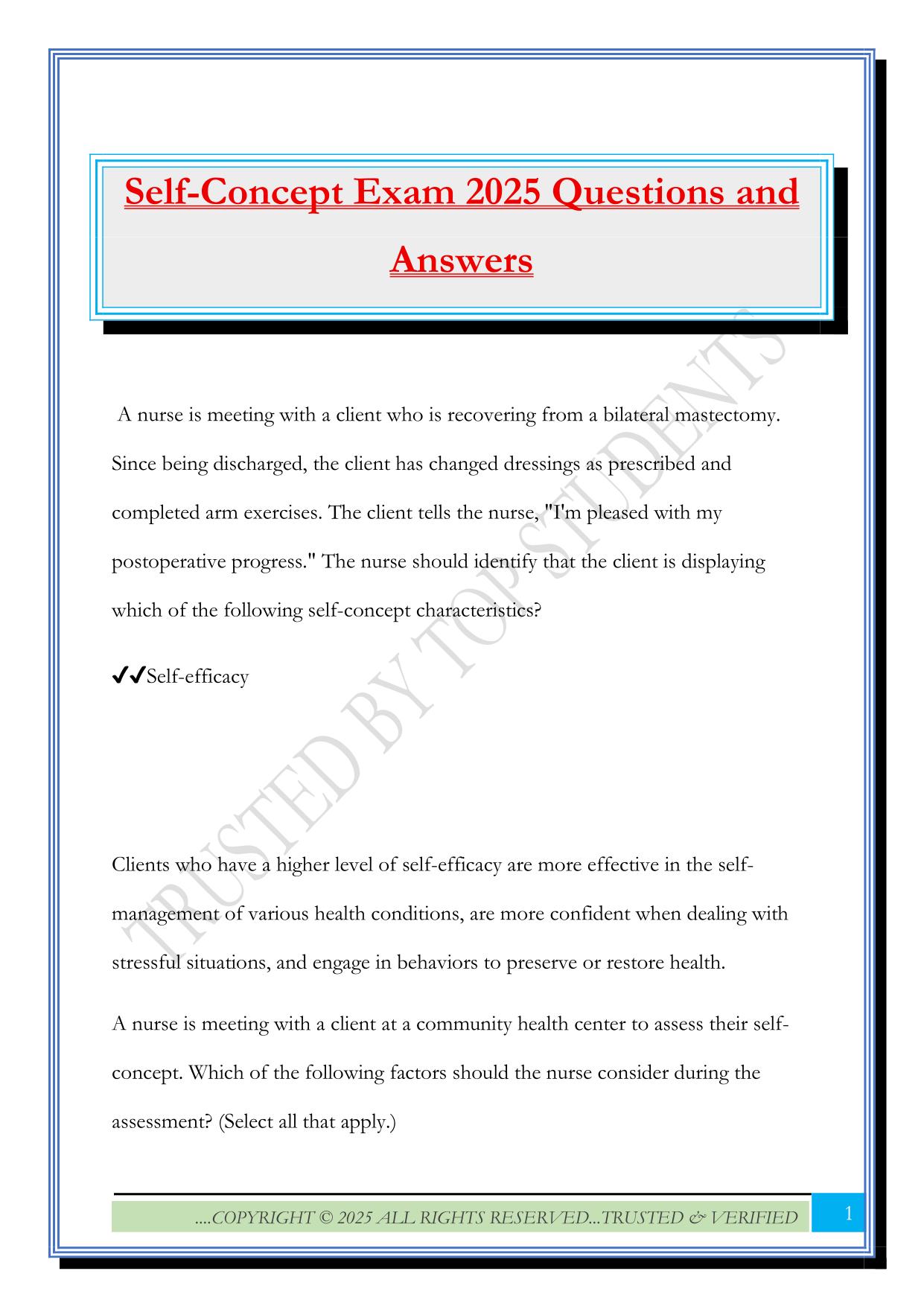 Self-Concept Exam 2025 Questions and Answers