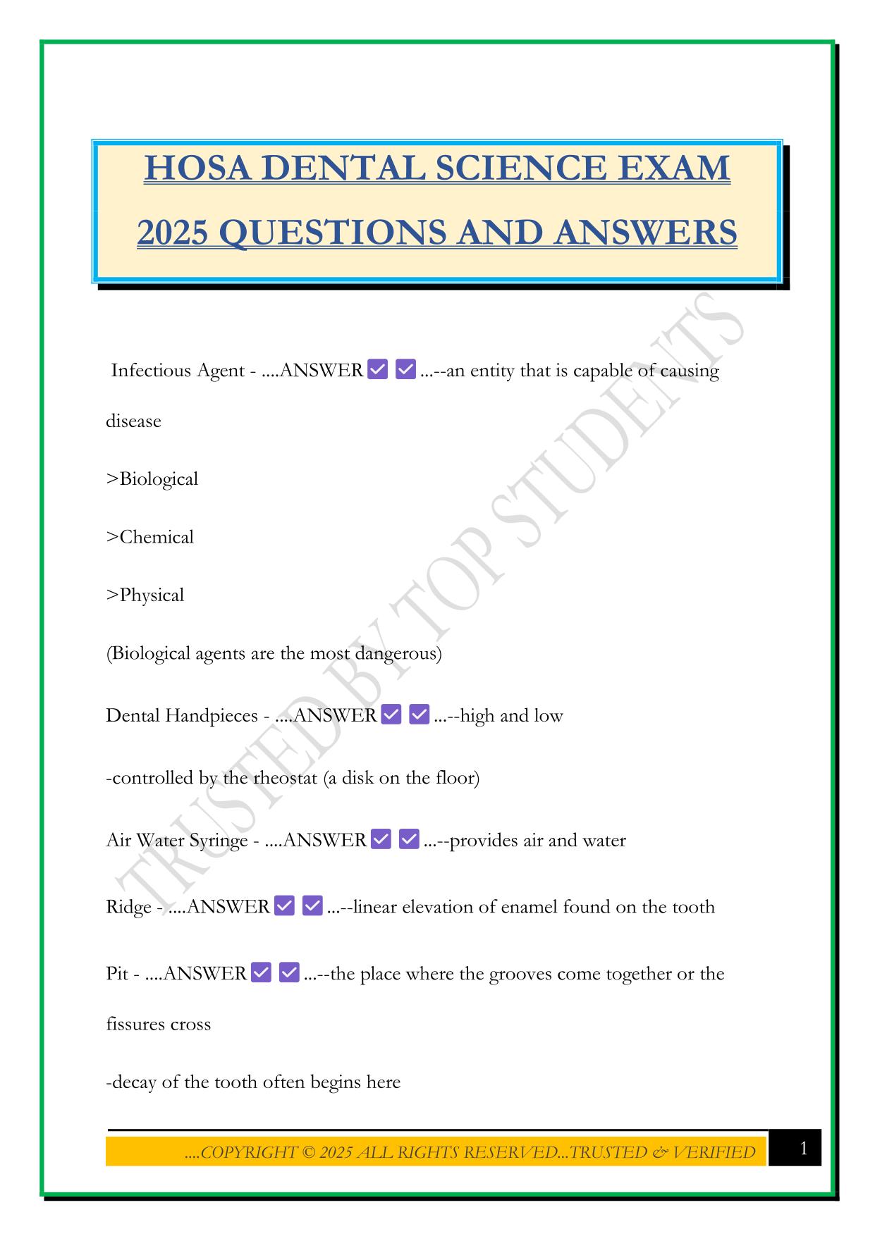 HOSA DENTAL SCIENCE EXAM 2025 QUESTIONS AND ANSWERS