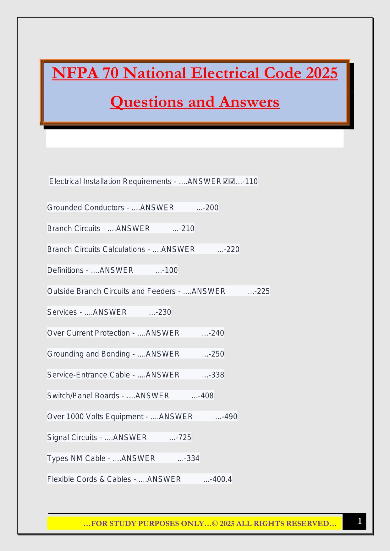 NFPA 70 National Electrical Code 2025 Questions and Answers