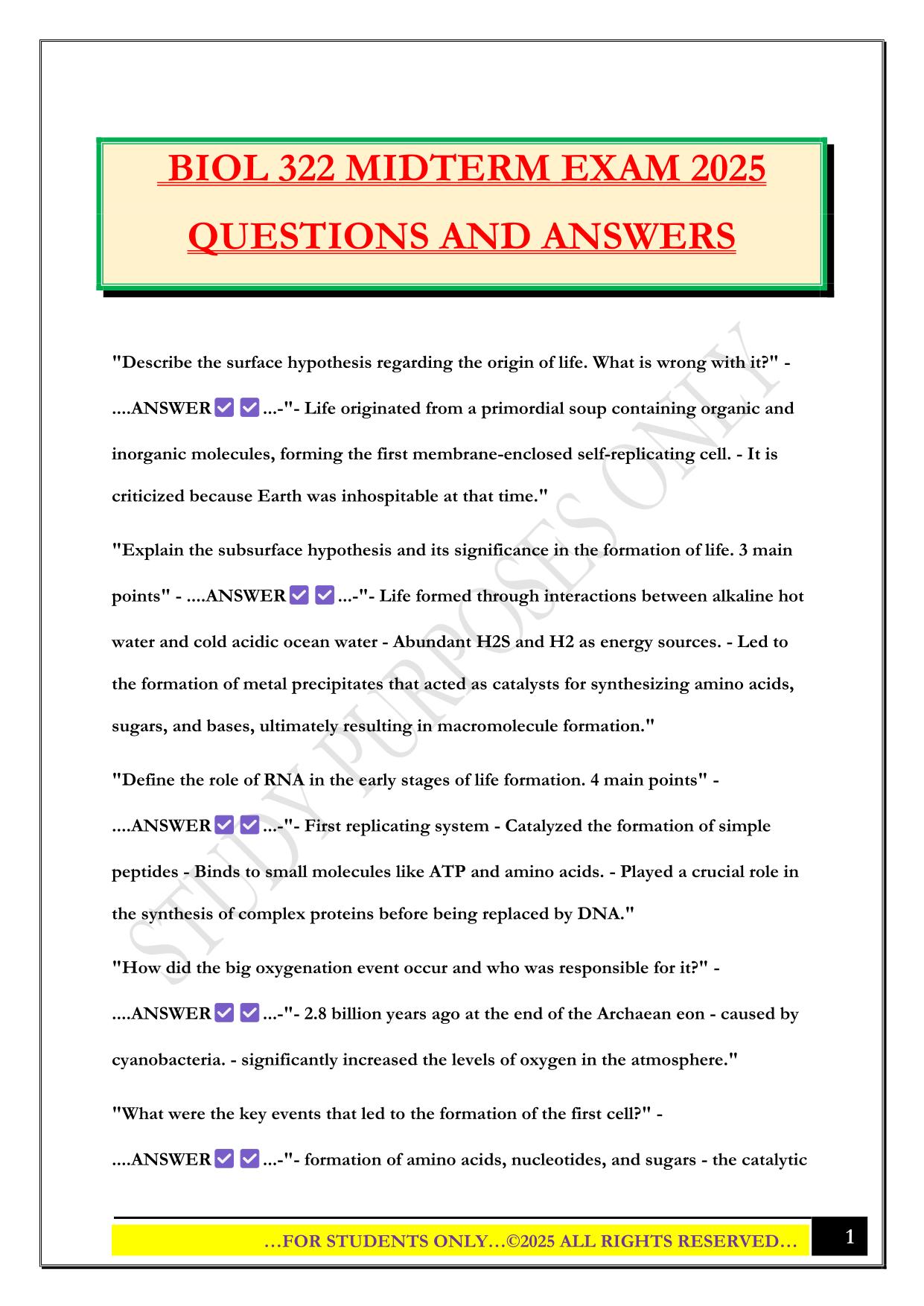 BIOL 322 MIDTERM EXAM 2025 QUESTIONS AND ANSWERS