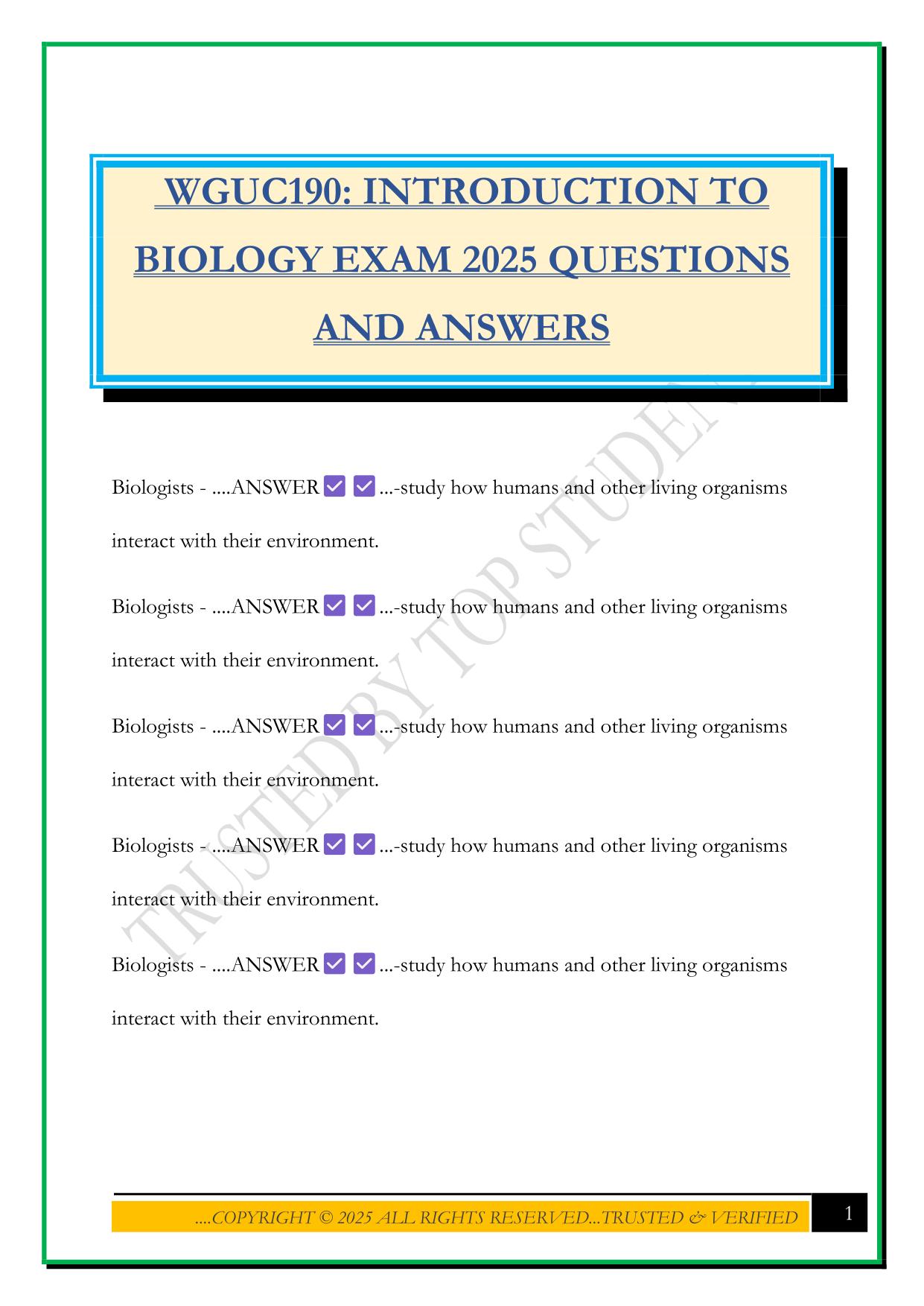 WGUC190: INTRODUCTION TO BIOLOGY EXAM 2025 QUESTIONS AND ANSWERS