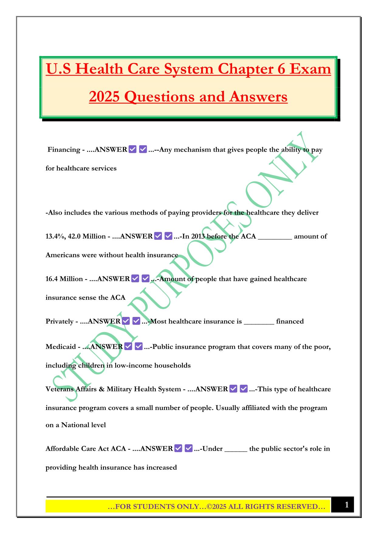 U.S Health Care System Chapter 6 Exam 2025 Questions and Answers