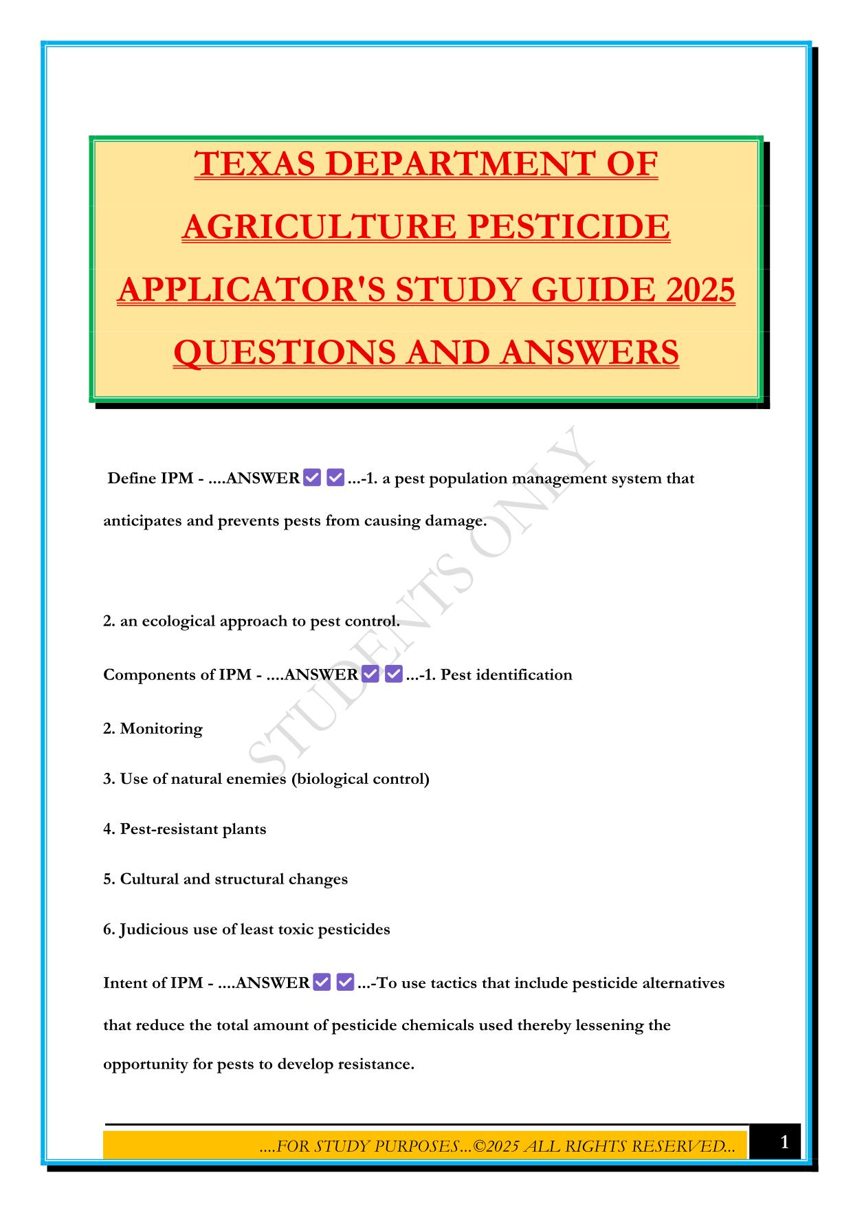 TEXAS DEPARTMENT OF AGRICULTURE PESTICIDE APPLICATOR'S STUDY GUIDE 2025 QUESTIONS AND ANSWERS