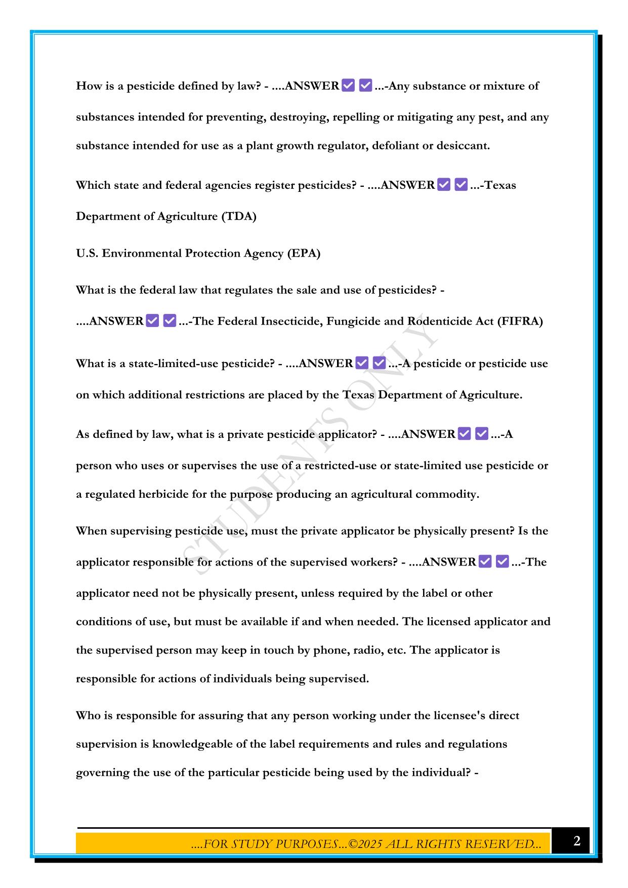 TEXAS DEPARTMENT OF AGRICULTURE PESTICIDE APPLICATOR'S STUDY GUIDE 2025 QUESTIONS AND ANSWERS
