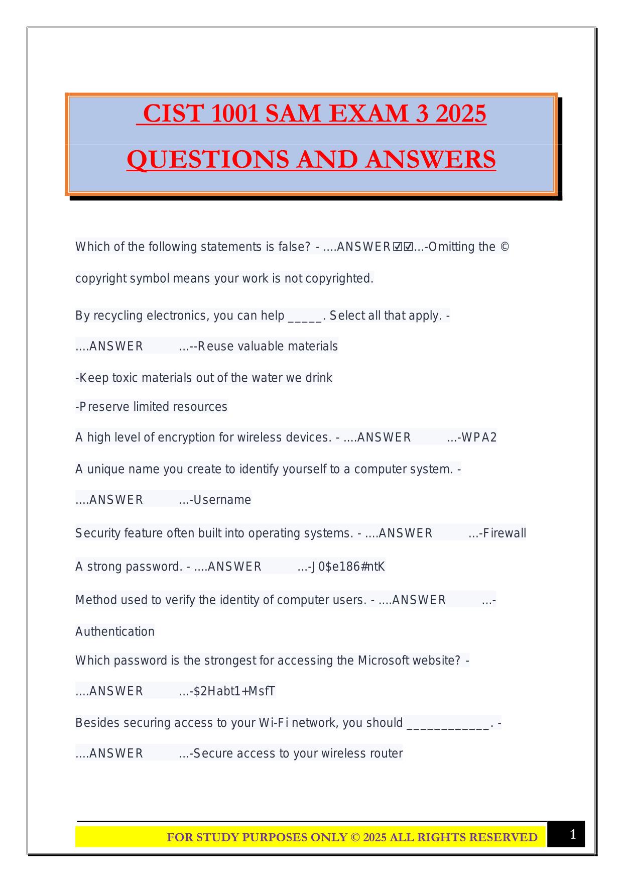 CIST 1001 SAM EXAM 3 2025 QUESTIONS AND ANSWERS
