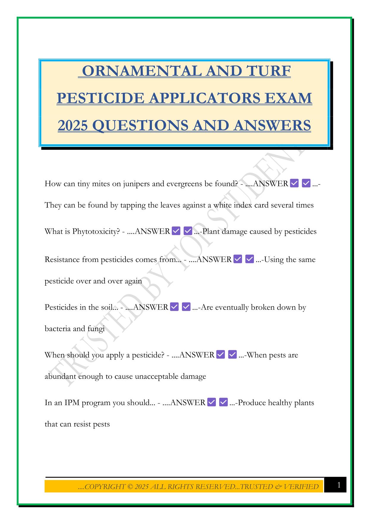 ORNAMENTAL AND TURF PESTICIDE APPLICATORS EXAM 2025 QUESTIONS AND ANSWERS