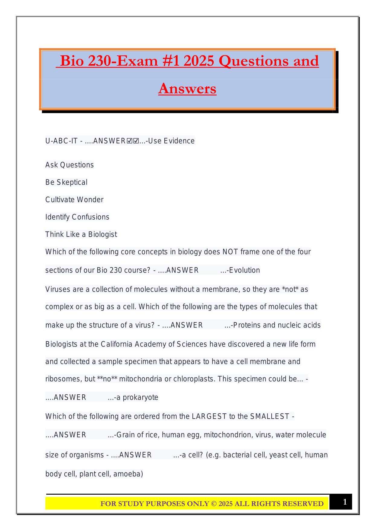 Bio 230-Exam #1 2025 Questions and Answers