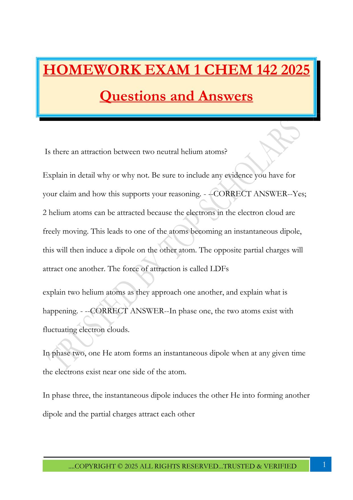 HOMEWORK EXAM 1 CHEM 142 2025 Questions and Answers