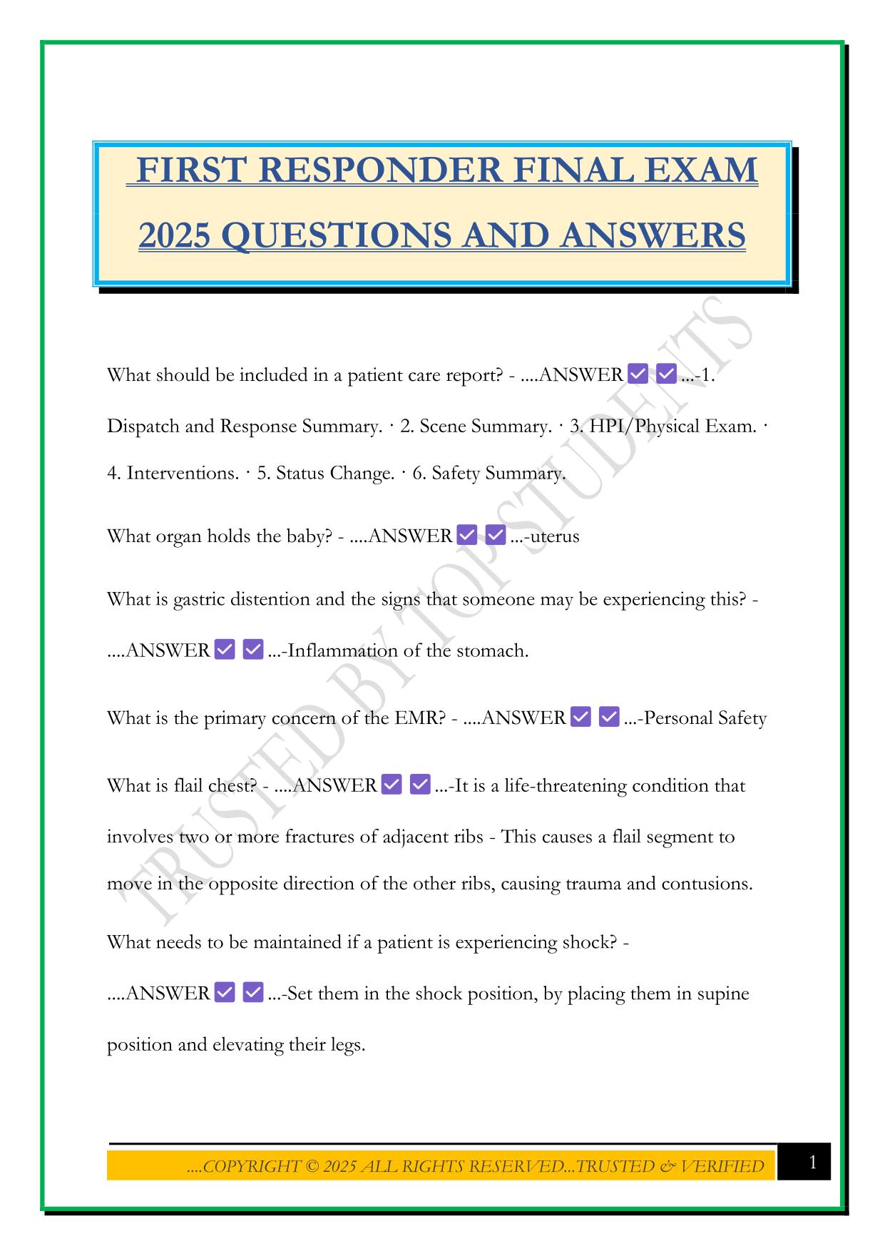 FIRST RESPONDER FINAL EXAM 2025 QUESTIONS AND ANSWERS