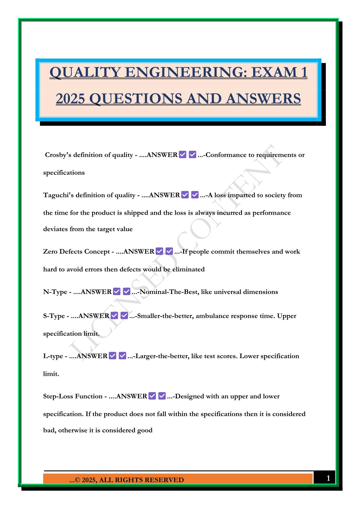 QUALITY ENGINEERING: EXAM 1 2025 QUESTIONS AND ANSWERS