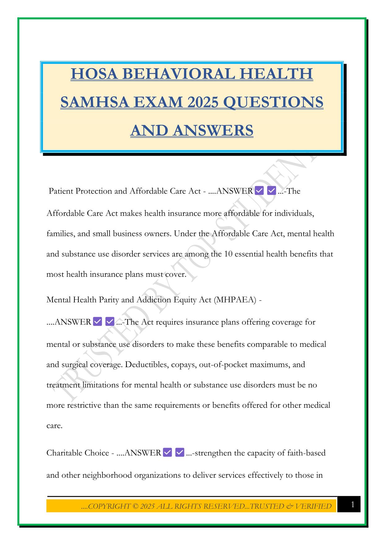 HOSA BEHAVIORAL HEALTH SAMHSA EXAM 2025 QUESTIONS AND ANSWERS