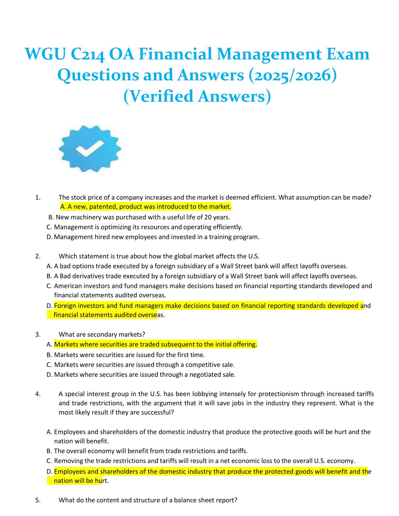 WGU C214 OA Financial Management Exam Questions and Answers (2025/2026) (Verified Answers)