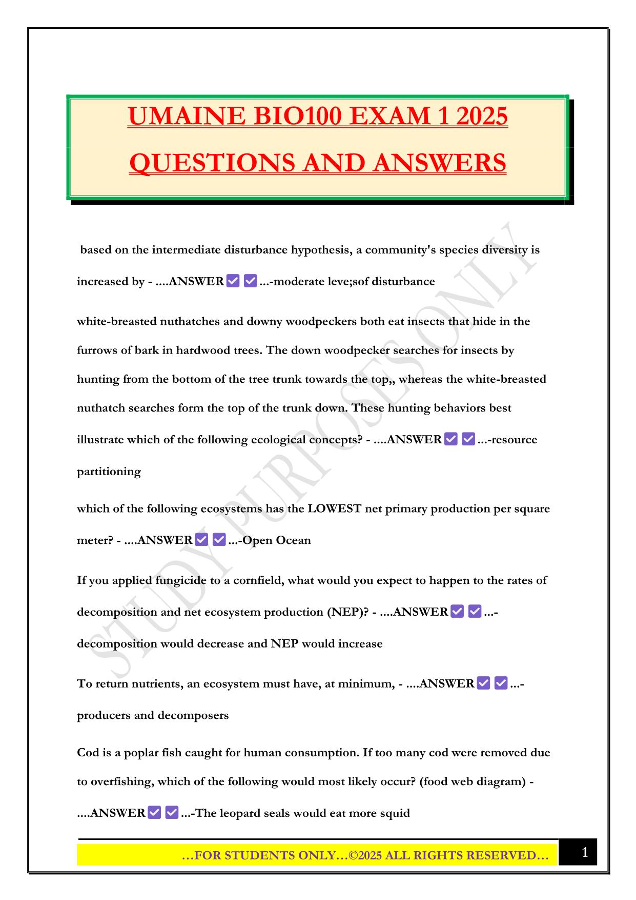 UMAINE BIO100 EXAM 1 2025 QUESTIONS AND ANSWERS
