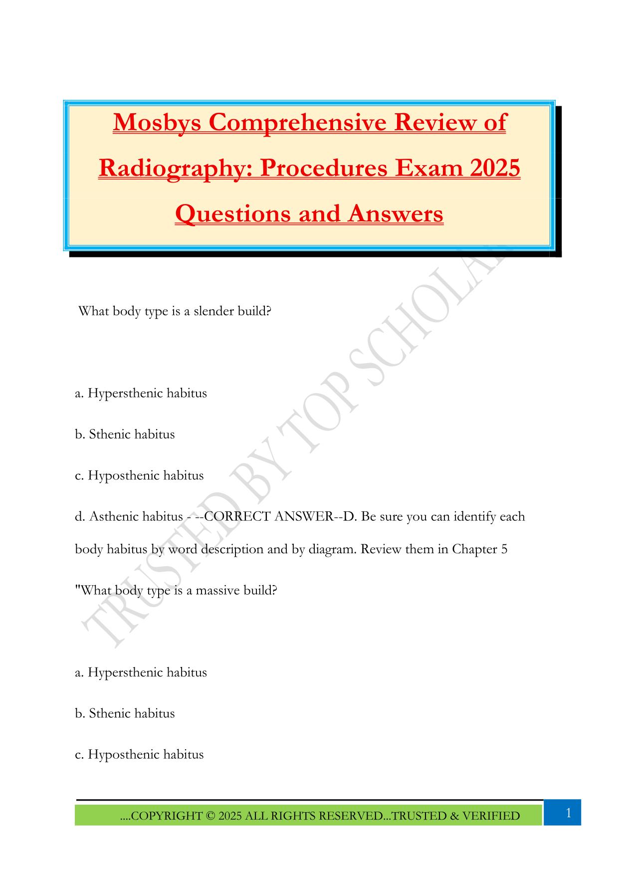 Mosbys Comprehensive Review of Radiography: Procedures Exam 2025 Questions and Answers