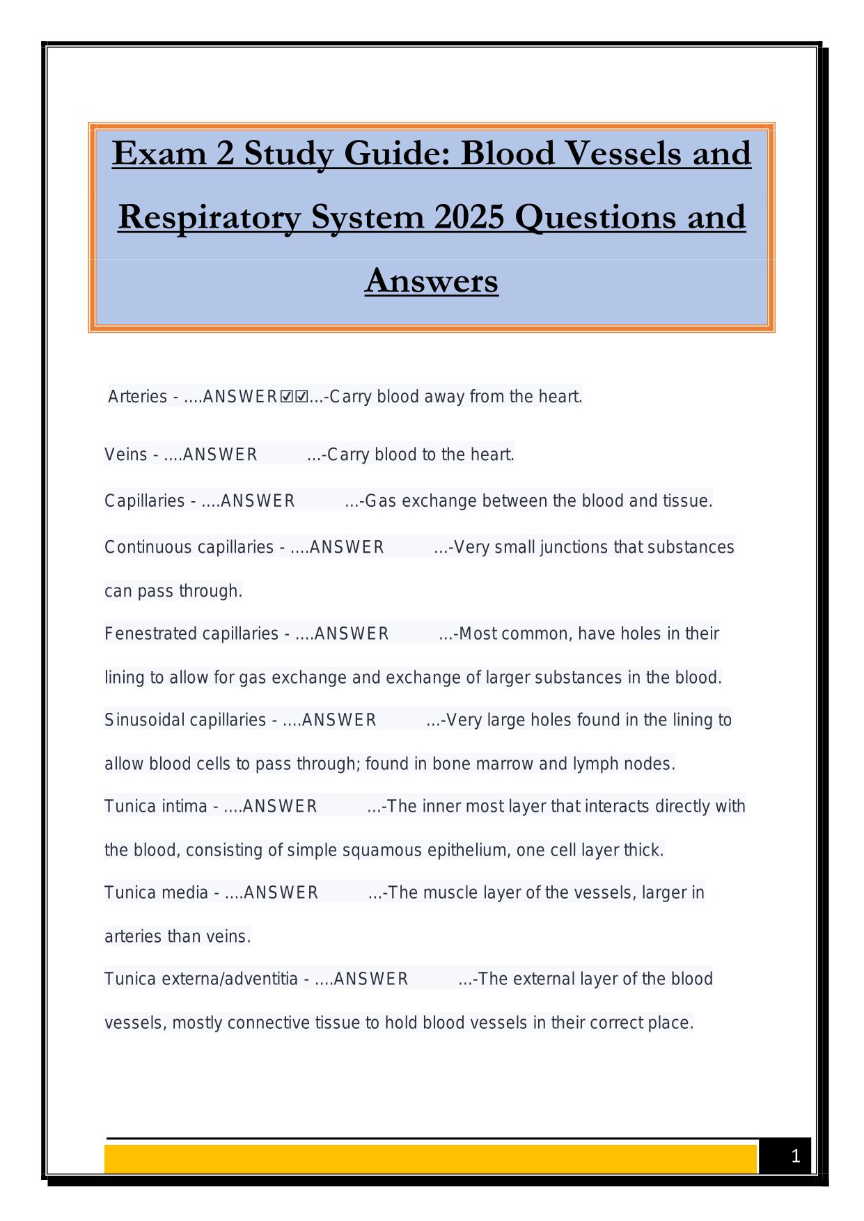 Exam 2 Study Guide: Blood Vessels and Respiratory System 2025 Questions and Answers
