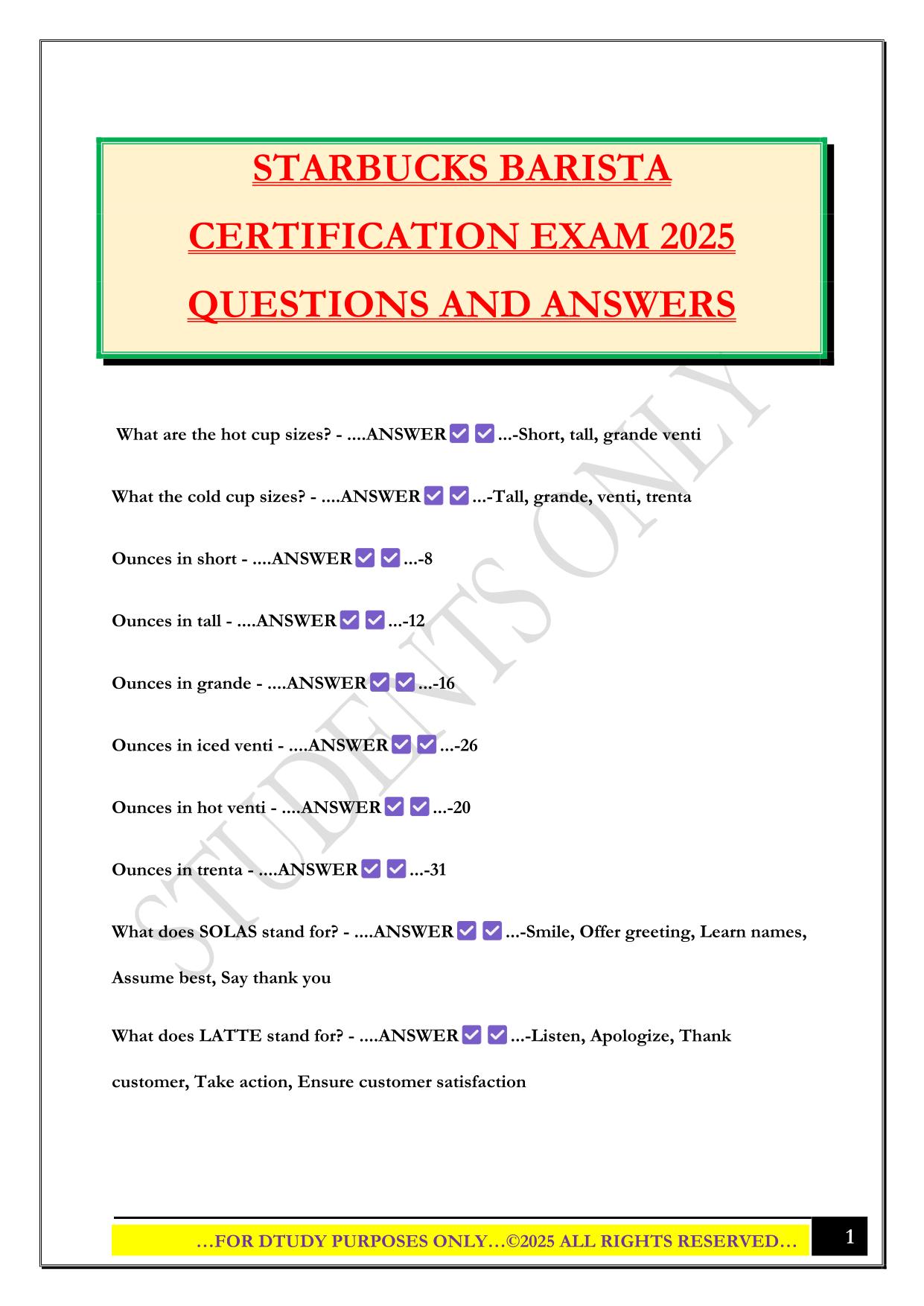STARBUCKS BARISTA CERTIFICATION EXAM 2025 QUESTIONS AND ANSWERS