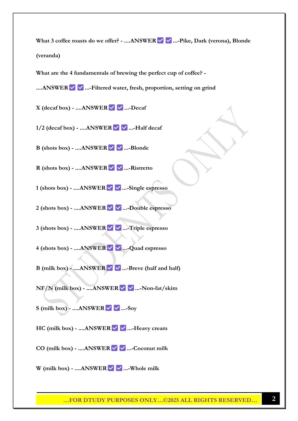 STARBUCKS BARISTA CERTIFICATION EXAM 2025 QUESTIONS AND ANSWERS
